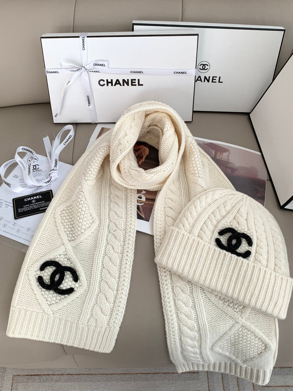 Chanel Style Rib-Knit Scarf and Beanie Set